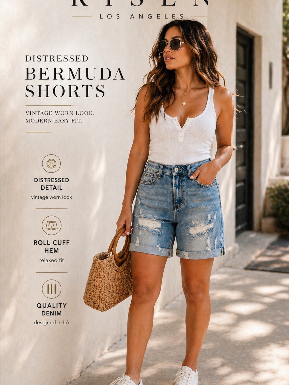 RISEN Distressed Denim Bermuda Shorts High Rise Size S 5 Gift
